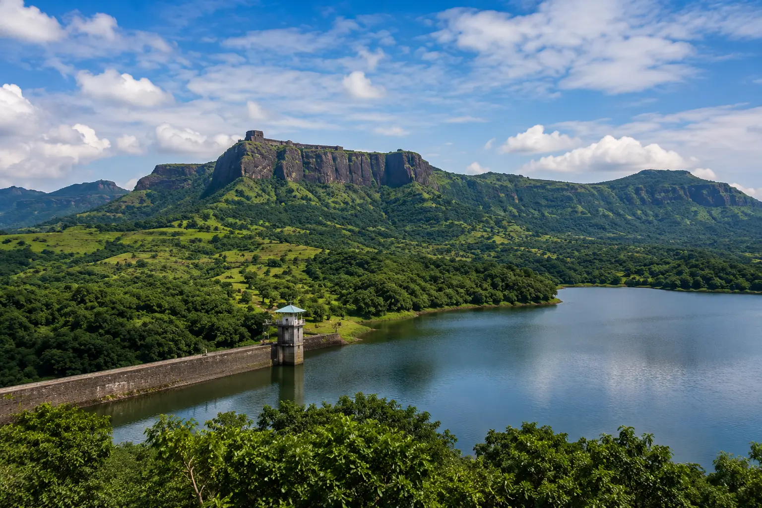 Scenic view of Torna Fort and Gunjawane Dam near Legacy Lands