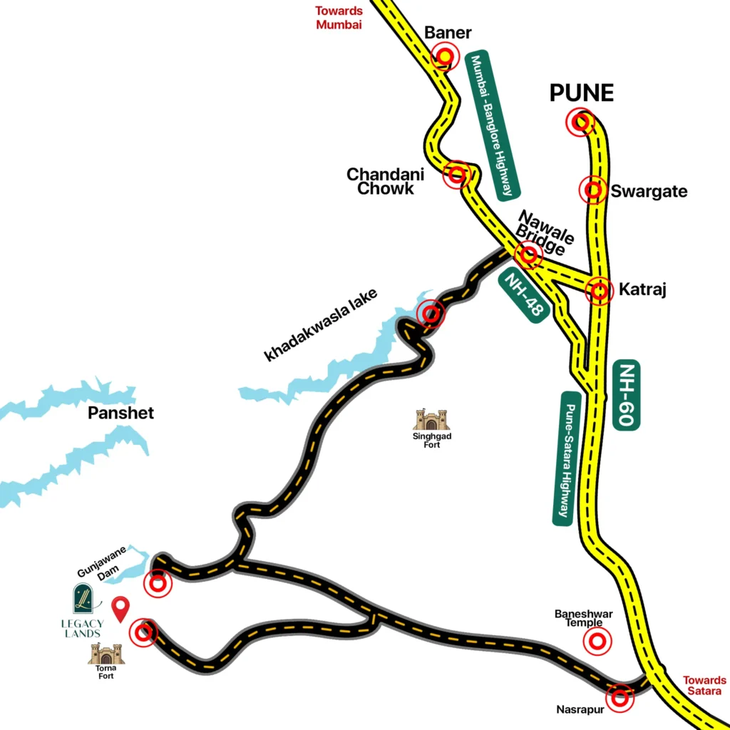 Map showing the route to Legacy Lands farmhouse plots in Velhe from Pune